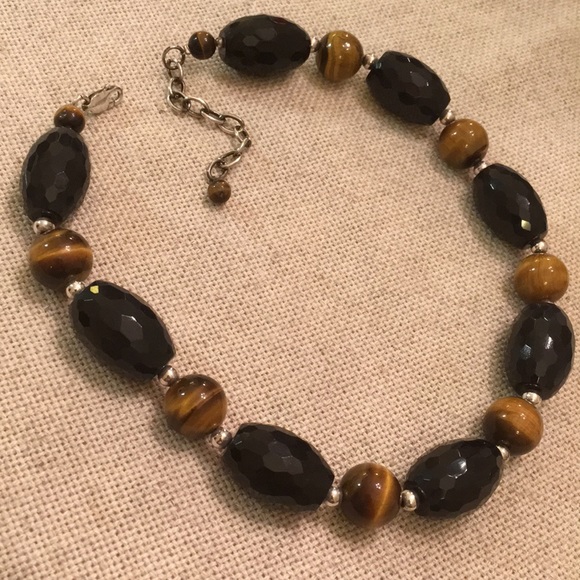 Tigers Eye & Black Bead Necklace Sterling Clasp - Picture 2 of 8